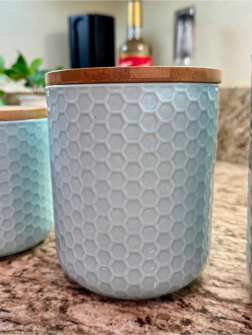Circo Light Blue Honeycomb Ceramic Kitchen Canister Set with Bamboo Lids
